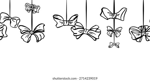 Hand drawn ribbon loops and bow shapes in a stringed garland forming elegant continuous strip. Vector seamless banner illustration in ink. Birthday gift header, love invitation, decorative divider.