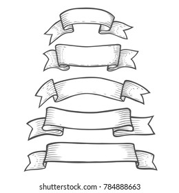 Hand drawn Ribbon retro vintage illustration vector set. Sketch banners, old school style. White black isolated. Sketch etch ink line.