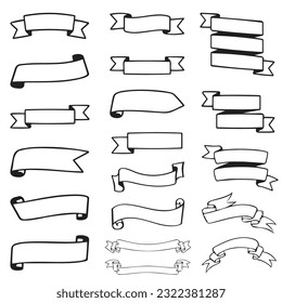 Hand Drawn Ribbon vector, Banner, outline, black silhouette