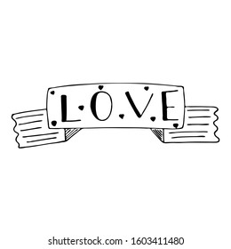 Hand drawn ribbon with word love and little black hearts. Vector illustration for design.
