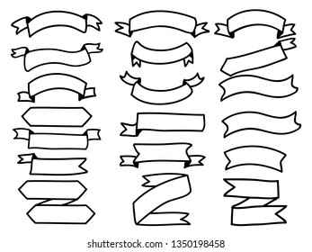 Hand drawn ribbons. banners set with handwritten messages on grunge background. Vector illustration.