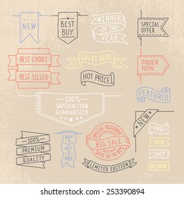 Hand drawn ribbons / banners set with handwritten messages on grunge background. Vector illustration.