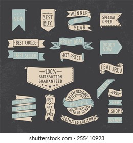 Hand drawn ribbons / banners set with handwritten messages on grunge background. Vector illustration.