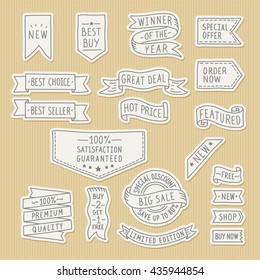 Hand drawn ribbons / banners set with handwritten messages on kraft paper background. Vector illustration