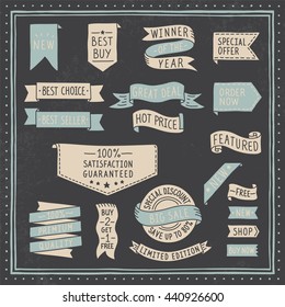 Hand drawn ribbons / banners set with handwritten messages on dark background. Vector illustration