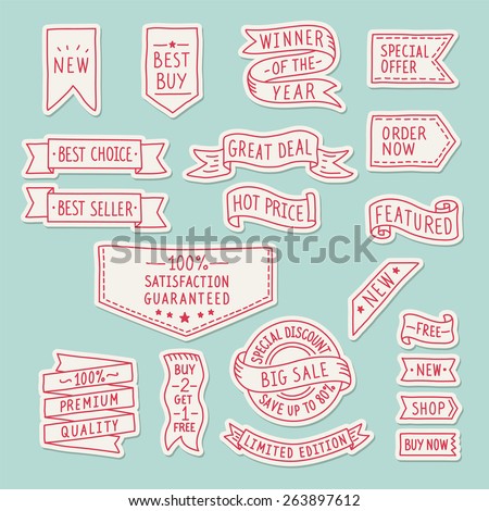 Hand drawn ribbons / banners set with handwritten messages on light blue background. Vector illustration.
