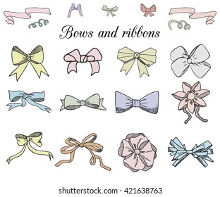 Hand drawn ribbons and bows set vector illustration. A collection of sketched doodle graphic ribbons and bows, design elements set colored isolated.