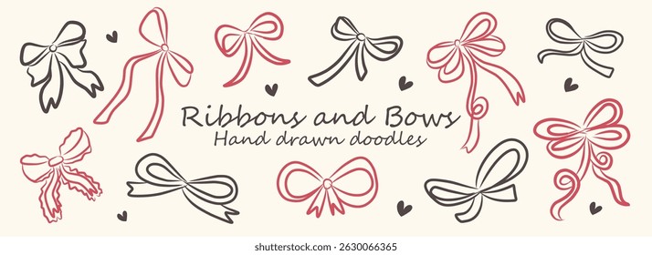 Hand drawn ribbons and bows vector illustration collection. Minimalist art for valentine, birthday greeting cards, wedding invitations, poster design, postcards, branding, frame design, background.