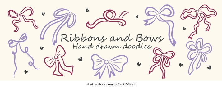 Hand drawn ribbons and bows vector illustration collection. Minimalist art for valentine, birthday greeting cards, wedding invitations, poster design, postcards, branding, frame design, background.
