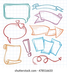 Hand drawn ribbons and bubbles doodle icons set