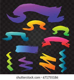 Hand drawn ribbons created by dry brush. Grunge style set on the black overlay background. Vector clip art elements for expressive design.