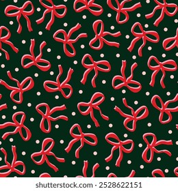 Hand drawn ribbons with shadows and polka dot. Random placed, vector bows aop, all over surface print on dark green background.