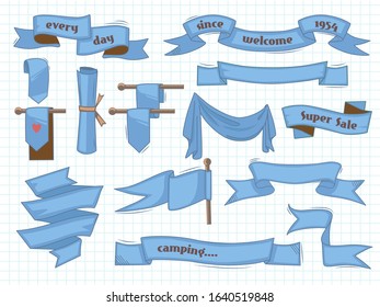 Hand drawn ribbons. Vintage banners sketched elements vector illustrations set