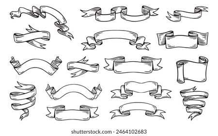 Hand drawn ribbons vintage set. Doodle style black color sketch. Isolated elements. Vector illustration