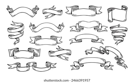 Hand drawn ribbons vintage set. Doodle style black color sketch. Isolated elements. Vector illustration