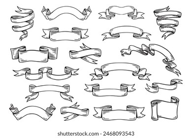 Hand drawn ribbons vintage set. Doodle style black color sketch. Isolated elements. Vector illustration