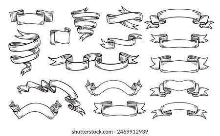 Hand drawn ribbons vintage set. Doodle style black color sketch. Isolated elements. Vector illustration