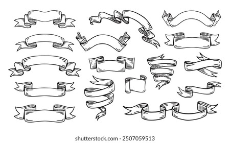 Handgezeichnete Bänder Vintage-Set. Schwarze Skizze im Doodle-Stil. Isolierte Elemente. Vektorgrafik