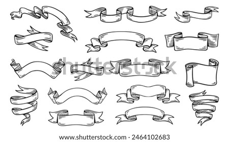 Hand drawn ribbons vintage set. Doodle style black color sketch. Isolated elements. Vector illustration