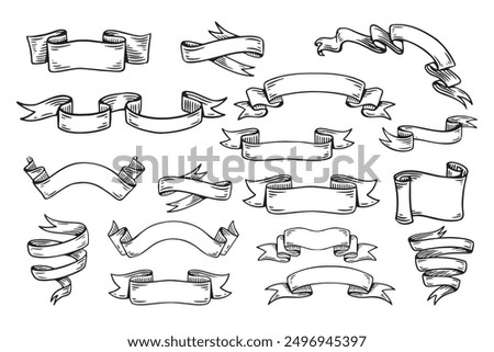 Hand drawn ribbons vintage set. Doodle style black color sketch. Isolated elements. Vector illustration