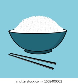 Hand drawn rice in the bowl and chopsticks isolated on blue background. vector illustration