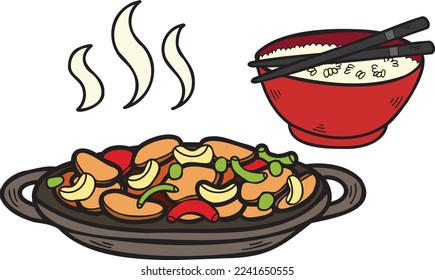 Hand Drawn Rice with Fried Vegetables Chinese and Japanese food illustration isolated on background