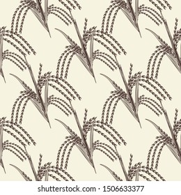 Hand drawn  rice grain  seamless pattern. Rice ear wallpaper. Engraving vintage style backdrop. Design for wrapping paper, textile print. Vector illustration