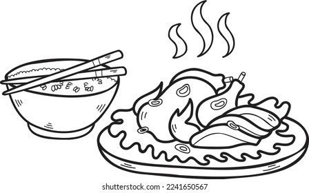 Hand Drawn Rice with Grilled Chicken Chinese and Japanese food illustration isolated on background