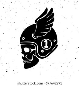 Hand drawn rider skull with wings. Design element for logo, label, emblem, sign. Vector illustration