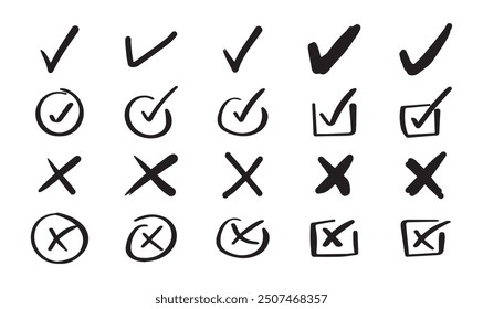 Conjunto de Vector de símbolo incorrecto derecho dibujado a mano