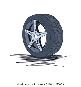 hand drawn rim and automobile wheel. outline car wheel