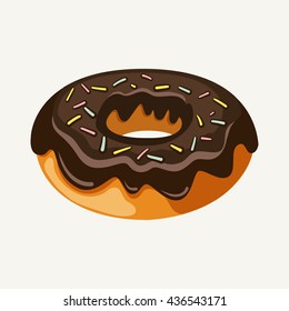 Hand drawn ring donut glazed with chocolate and topped with colorful sprinkles. Modern stylish vector illustration isolated on white background.