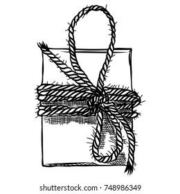 Hand drawn ring gift box, magic gift box with bow in cartoon style. Doodle paper birthday wrap package. Isolated on white background. Wedding, anniversary surprise, birthday jewellery concept. Vector.