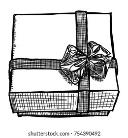 Hand drawn ring gift box, magic gift box with bow in cartoon style. Doodle paper birthday wrap package. Isolated on white background. Wedding, anniversary surprise, birthday jewellery concept. Vector.