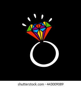 Hand drawn ring on black background. Rainbow colors. Decorative element for wedding invitation. 