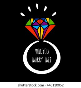 Hand drawn ring on black background. Rainbow colors. Will you marry me hand written lettering. Decorative element for wedding invitation. 