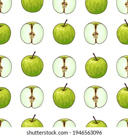 Hand drawn ripe and half green apples with leaves seamless pattern. Color background.