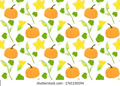 Hand drawn ripe pumpkin and flowers seamless pattern. Vector pumpkin illustration for autumn banner, fabric, textile,  thanksgiving, recipes, menus, and harvest festivals. 