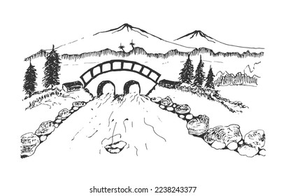 Río dibujado a mano con vista de puente y montañas. Dibujo de boceto en boquilla del paisaje del río paisaje gráfico vectorial arte.