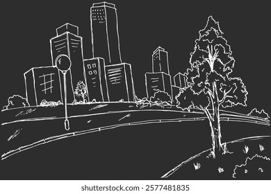 Hand drawn Road city graphic black white city landscape sketch illustration vector with black background