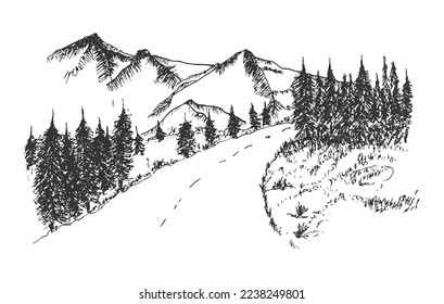 Ruta dibujada a mano con vista panorámica al bosque y montaña. Dibujo de boceto de lápiz de diseño de ilustración de vectores de carretera de campo arte.