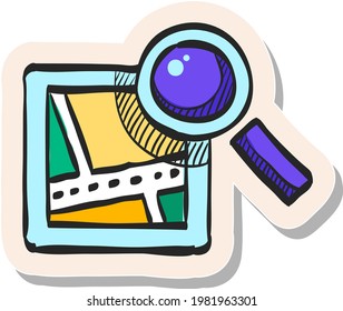 Hand drawn Road map icon with loupe in sticker style vector illustration