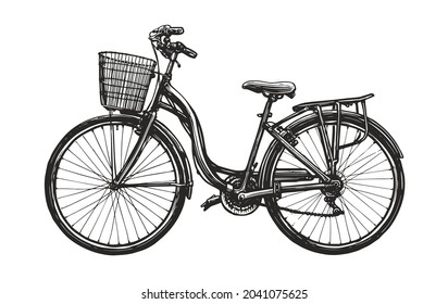 Hand drawn road retro bike with basket. Eco transport sketch. Vintage vector illustration