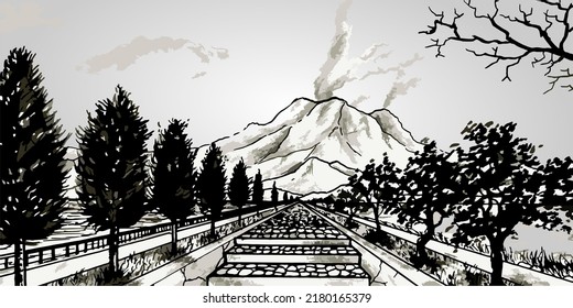 Hand Drawn, Road And Trees View With One Vanishing Point Perspective