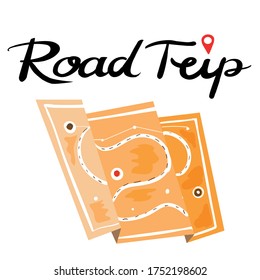 Hand drawn road trip map with lettering on the white blackground