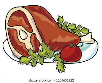 Hand drawn Roast Pork Knuckle. Vector Illustration of delicious meat. Business lunch, home kitchen food.