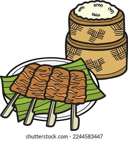 Hand Drawn Roast pork with Thai food illustration isolated on background