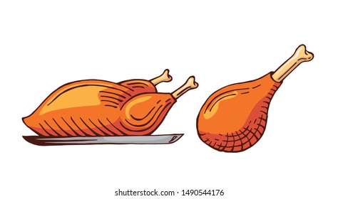 hand drawn roasted chicken dish color vector illustration,