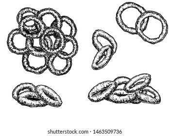 Hand drawn roasted onion rings set. Street fast food vector illustrations collection.  Sketch style. Isolated on white background.