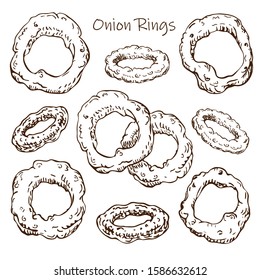 Hand drawn roasted onion rings illustration isolated on white background. street fast food or pub food collection in sketch style.Vintage engraved illustration of beer snack top view for your design.